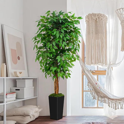 6ft Ficus Artificial Tree with 3 Natural Curved Trunks, 74" Tall Lush Faux Tree for Home Decor Indoor, Green Lifelike Fake Ficus Tree with Black Planter Pot