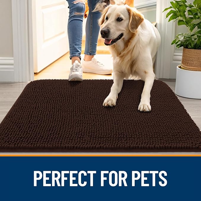 OLANLY Dog Door Mat for Muddy Paws 30x17, Absorbs Moisture and Dirt, Absorbent Non-Slip Washable Doormat, Quick Dry Chenille Mud Mat for Dogs, Entry Indoor Entryway Carpet for Inside Floor, Brown