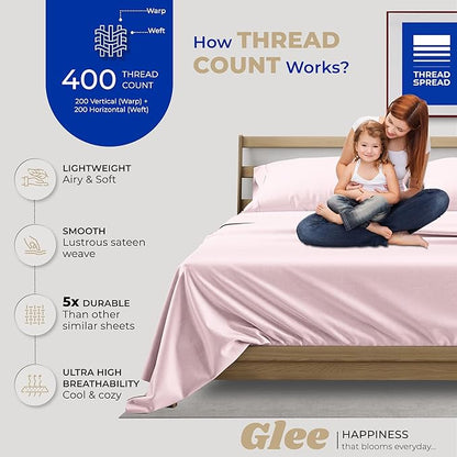 THREAD SPREAD 400 Thread Count Twin Cotton Sheets - 3 PC Twin Size Bed Sheet Set Cotton (Blush), Soft, Cooling, Sateen Weave Hotel-Quality 16" Deep Pocket Bedsheet for Hot Sleepers (Fits 18" Mattress)