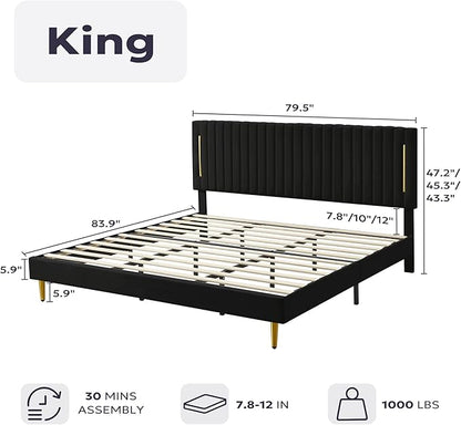 King Platform Bed Frame, Velvet Upholstered Bedframe with Vertical Channel Adjustable Headboard, Golden Plating Trim, Mattress Foundation with Wooden Slats, No Box Spring Needed, Black