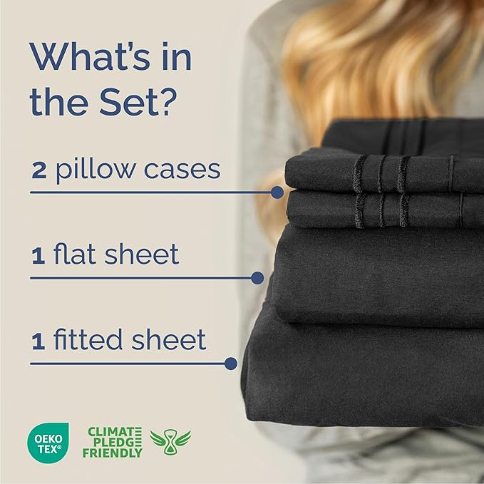Queen Size 4 Piece Sheet Set - Comfy Breathable & Cooling Bed Sheets Set - Hotel Luxury Bedding for Women, Men, Kids, Teens, Boys & Girls - Deep Pockets, Ultra-Soft, Wrinkle Free - Oeko-Tex - Black