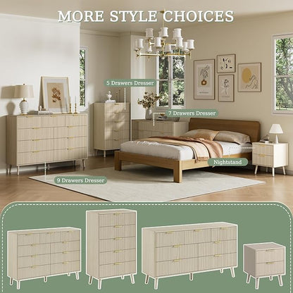 LYNSOM Fluted Dresser and Nightstand Sets 3 Piece, 7-Drawers Dresser and 1-Drawer Nightstands Set of 2, Wood Bedroom Furniture Set for Home, Bedroom, Hallway, Beige
