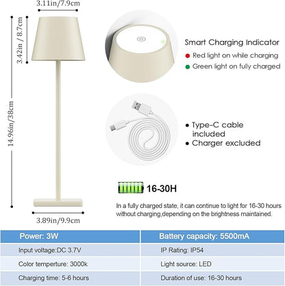2-Pack LED Cordless Table Lamp, Rechargeable Battery Desk lamp 3W 5500mAh Battery Operated Stepless Dimming Modern Portable Table Light for Restaurant/Bedroom/Outdoor IP54 Waterproof (Off White)
