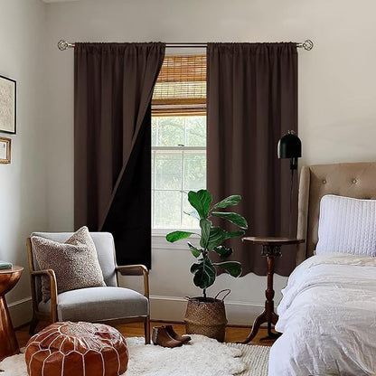 BGment Thermal Insulated 100% Blackout Curtains for Bedroom with Black Liner, Double Layer Full Room Darkening Noise Reducing Rod Pocket Curtain (42 x 63 Inch, Brown, 2 Panels)