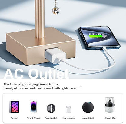 Gold Bedside Table Lamps for Bedroom Set of 2 - Small Rectangular Nightstand Lamp with AC Outlet Charging Port, 3 Color Temperatures Desk Light, Tabletop Reading Lamp for Living Room/Dorm/Office