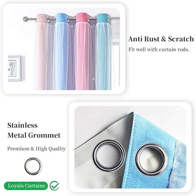 Star Blackout Curtains for Bedroom - Cute Kids Rainbow Curtains, 84 Inch Long 2 Panels, Beige & Blue & Pink