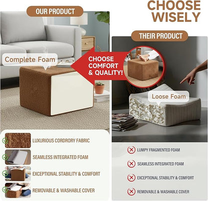 Tiita Pouf Ottoman and Foot Rest, Square Foam Stuffed Floor Pouf with Storag for Living Room, Brown