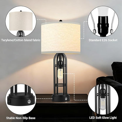 Black Table Lamps, Table Lamp with USB Port, 3 Color Temperatures, Stepless Dimming, Bedside Lamps, Bedroom Lamps, Farmhouse Lamps for Living Room(Bulbs Included)