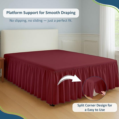Rajlinen Ruffled Bed Skirt California King, 15 Inch Drop Dust Ruffle with Split Corners, 100% Microfiber Bedskirt with Platform, Three-Sided Coverage Ruffled Gathering Design, Burgundy