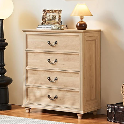 Farmhouse 4 Drawer Dresser for Bedroom, 37" Tall Rustic Chests of Drawers w/ 4 Solid Wood Feet, Mid Century Modern Wooden Closet Storage Dressers Organizer for Living Room, Hallway,Natural