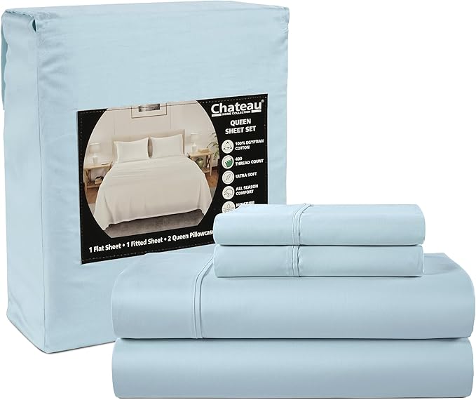 400 Thread Count Queen Size Sheets, 15" Deep Pocket Queen Sheets, Soft Sateen Weave, Naturally Cooling & Breathable Machine Washable 4 Piece Elasticated Sheet & Pillowcase Sets- Light Blue