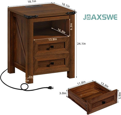 Joaxswe Nightstand with Charging Station and USB Port, Farmhouse Side End Table with 2 Drawers and Open Shelf, Wood Rustic Sofa Table, Bedside Cabinet for Bedroom, Living Room, Closet, Office(Brown)