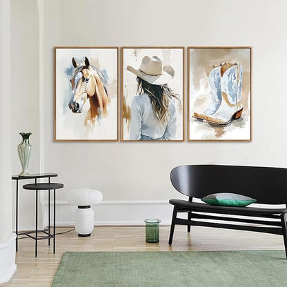 YeeHomedec Large Western Cowgirl Posters Framed Canvas Wall Art Set, Blue and White Horse Wall Decor, Glam Rodeo Boots Art Print, Vintage Country Hat Artwork for Living Room Bedroom Dorm 16"x24"x3