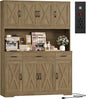 HOSTACK 71" Tall Kitchen Pantry Storage Cabinet with Charging Station, 55" Wide Kitchen Hutch Cabinet with Large Countertop, Farmhouse Food Pantry with Drawers for Living Room (Rustic Brown)
