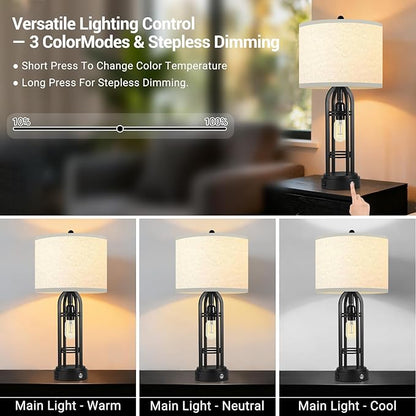 Black Table Lamps, Table Lamp with USB Port, 3 Color Temperatures, Stepless Dimming, Bedside Lamps, Bedroom Lamps, Farmhouse Lamps for Living Room(Bulbs Included)