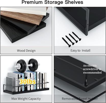 Shario Black Floating Shelves - Set of 2, Wall Mounted Hanging Shelves with Black Towel Rack, Decorative Storage Shelves for Bathroom, Kitchen, Living Room & Bedroom