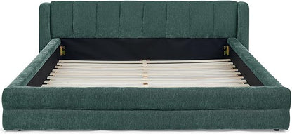 DEINPPA Queen Size Bed Frame with Cloud Soft Headboard, Chenille Upholstered Grounded Wood Base Bed Frame, No Box Spring Needed-Blue+Green