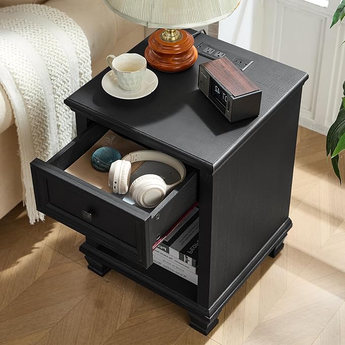 SAVOR LIFE Farmhouse End Tables Living Room Set of 2, Rustic Wood Nightstand with 1 Drawer, Bedside Table with Open Shelf for Bed Room, Side Table for Living Room, Black
