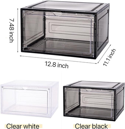 Attelite Large Clear Shoe Box Organizer,Plastic Stackable Shoe Storage Box with Magnetic Door, Large Clear Door Shoe Containers for Display Sneakers, Easy Assembly（Black）