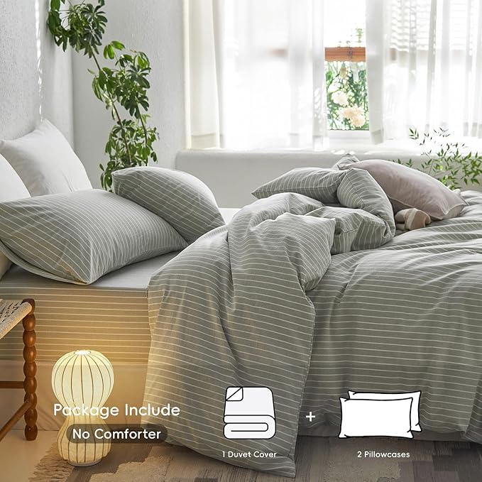 MooMee Striped Duvet Cover Set 100% Washed Cotton Linen Like Textured Breathable Durable Soft Comfy (Sage Green White Wide Stripes, Palatial King/Oversized King 120"x98")