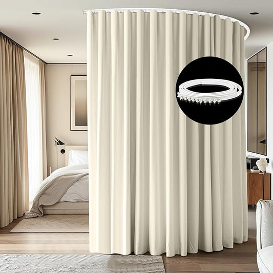 Room Divider Ceiling Mounted Curtains Track Sets Extra Wide Blackout Curtain Flexible Tracks for Bedroom Privacy Partition Separator, 1 Panel Beige Drape and White Rail, W10 x H8ft