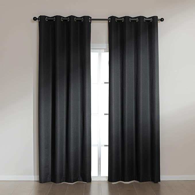 Amazon Basics Faux Linen Blackout Curtains for Bedroom and Living Room, 2-Piece Set with Grommets, 52" W x 95" L, Black