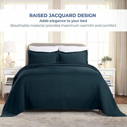 Superior 100% Cotton Basket Weave Bedspread with Shams, All-Season Premium Cotton Matelasse Jacquard Bedding, Quilted-Look Geometric Basket, King, Deep Sea