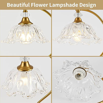 Vintage Table Lamp with a Floral Clear Glass Shade, A Plug-in Nightstand Lamp in Matte Brass Finish for Bedroom, Living Room,Office, and Desk