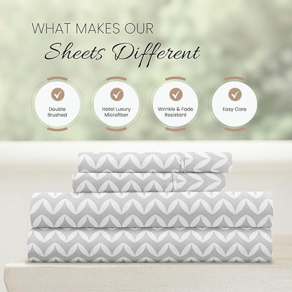 Linen Market Double-Brushed Patterned Microfiber Full Sheet Set 4 Piece – Oeko-TEX Certified Ultra Soft & Wrinkle-Free - 16" Deep Pocket Sheets - Easy Care Full Size - Puffed Chevron Light Gray