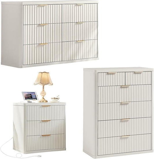 LEYAOYAO Fluted Dressers & Nightstand Set of 3, Wood 48" Wide Dresser & 42" Tall Chest of Drawers,Modern Bedroom Furniture Sets, Antique White Wooden Nightstand with 3 Drawers & Charging Station