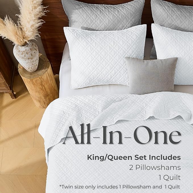 DOWN HOME Twin Quilt Set with Sham Lightweight Quilted Bedspread Coverlet Thin Comforter Bed Cover Vintage Washed Quilted Blanket for All Season, Brushed Microfiber Diamond Stitching, White, 66"x92"