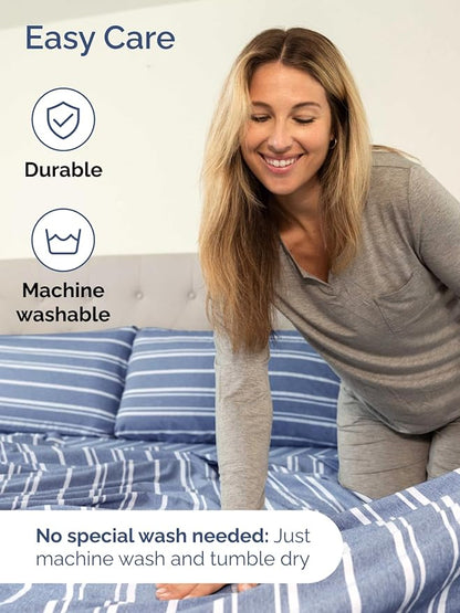 Extra Deep Twin XL Sheet Set - 4 Piece Breathable and Cooling Sheets - Hotel Luxury Bed Sheets Set - Easy Fit - Soft, Wrinkle Free and Comfy Sheets Set - Blue Striped Sheet Set with Extra Deep Pockets