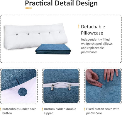 homecozy Wedge Headboard Pillow Dorm Room Reading Pillow Back Support for Sitting Up in Bed Bolster Lumbar Cushion Body Positioning Bedrest Cotton Linen 39in Blue Twin