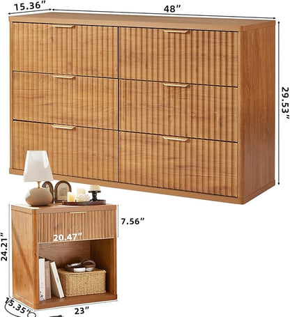 LEYAOYAO 48" Wide Fluted Dresser and 1 Drawers 23" Nightstand Set of 2, Wooden Dresser & Night Stand with Charging Station, 3 Piece Bedroom Furniture Set, Chest of Drawer for Living Room,Brown