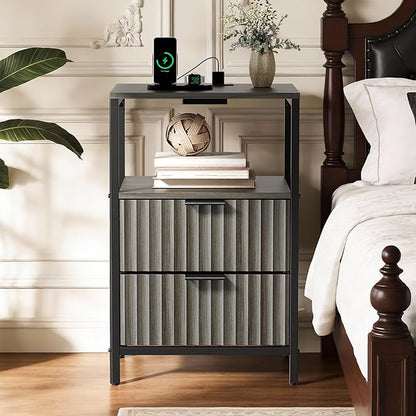 VINGLI Night Stand Set 2 with Charging Station, Fluted Grey Night Stand Set of 2, Gray Nightstand with Drawers Fabric, Grey Bedside Tables/End Tables for Bedroom, 14.96" W*11.81" D*23.78" H