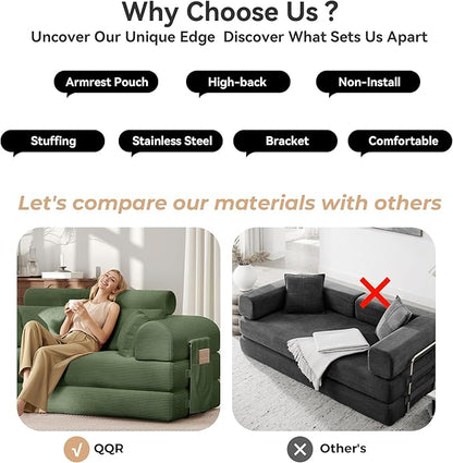 Upgrade High Backrest Design Sofa Bed with Fixed-Shape Frame & Removable Armrests and Backrest, Corduroy Fabric, Convertible Mattress Couch for Small Spaces - No Assembly (High Backrest Olive Green)