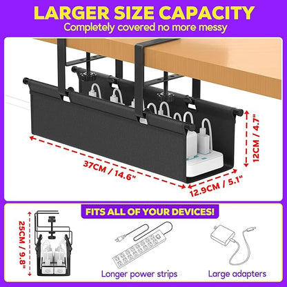 Under Desk Cable Management Tray, REFLYING 14.6" Cable Management Under Desk No Drill,Adjustable Clamp Cord Wire Organizer, Cord Hider for Standing Table, Wire Hider for Office,Home (Small)