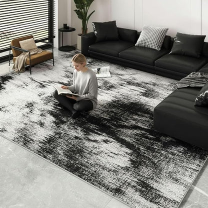 Area Rugs 8x10, Modern Abstract Machine Washable Rugs for Living Room Thin Carpet Indoor Floor Non-Shedding Carpets for Bedroom Dining Room Farmhouse Home Office | Black White