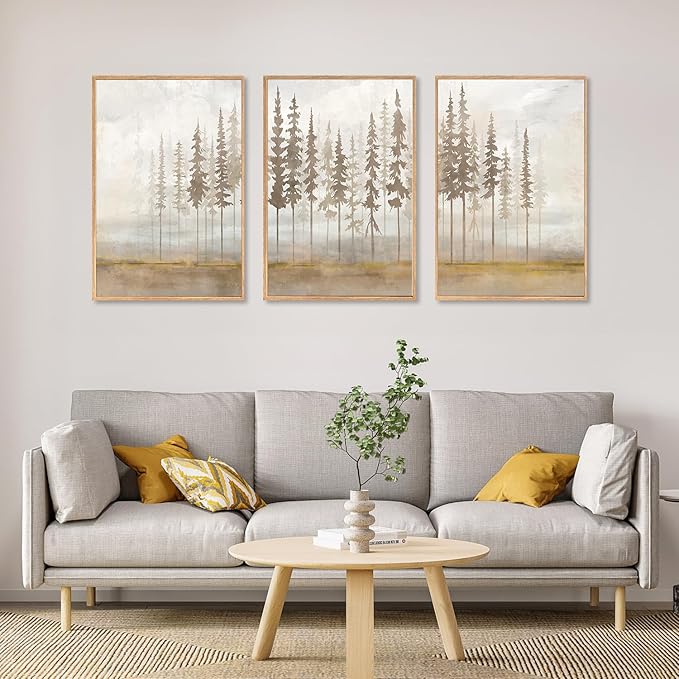 LHIUEM Large Pine Tree Framed Canvas Wall Art Set,Forest Trees Nature Wall Decor,Modern Landscape Artwork, Foggy Forest Painting for Living Room, Bedroom,Office-24 x36 x3