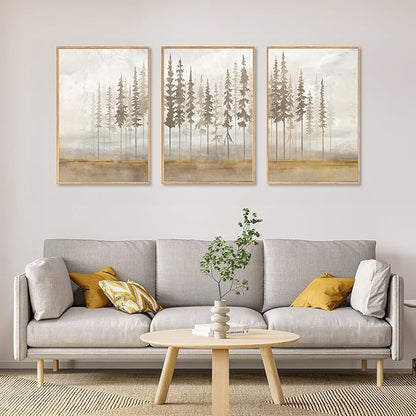 LHIUEM Large Pine Tree Framed Canvas Wall Art Set,Forest Trees Nature Wall Decor,Modern Landscape Artwork, Foggy Forest Painting for Living Room, Bedroom,Office-24 x36 x3