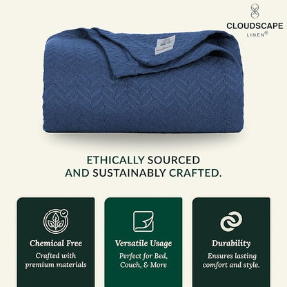 Cloud Scape Linen 100% Cotton Throw Blanket 50x70 Ensign Blue, Luxury All-Season Warmth, Ultra Soft, Oversized Herringbone Gauze Blanket for Winter, Bed, Couch & Sofa Decor, Best Gift Idea