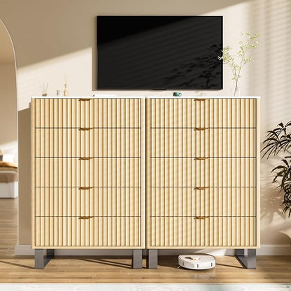 Fluted 5 Drawers Dresser, 48" H Modern Country Storage Dressers with Brushed Metal Handles, Wood Storage Organizers for Bedroom, Living Room, Hallway, Beige