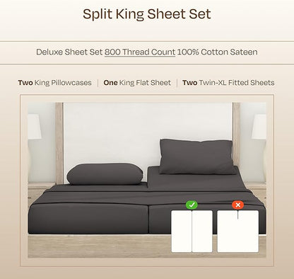 California Design Den Split King Sheets for Adjustable Bed - Buttery Soft 800 Thread Count, 100% Cotton Set, Sateen Bedding Set with Durable Twin XL Fitted Sheets - Grey
