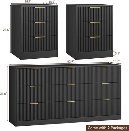 9 Drawer Black Dresser & Nightstand Set 3-Piece - 63” Long Fluted Dresser Set Night Stand Set of 2 with Metal Handle, Modern Wood Chest of Drawers Storage Dressers Set for Bedroom, Black