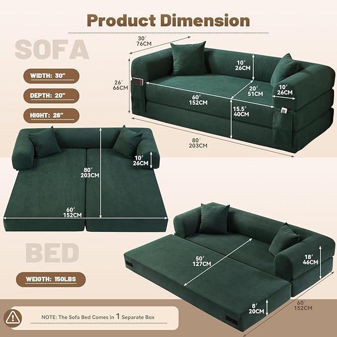 Convertible Sleeper Sofa Bed,80" Folding Sofa Bed Queen with Storage,Corduroy Pull Out Couch with Bed,Boneless Couches for Living Room,Compressed Couch in a Box,Deep Green