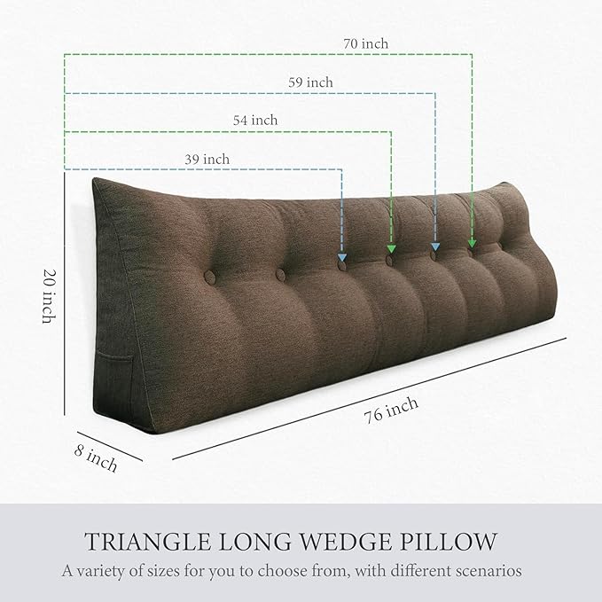homecozy Wedge Headboard Pillow Dorm Room Reading Pillow Back Support for Sitting Up in Bed Bolster Lumbar Cushion Body Positioning Bedrest Cotton Linen 39in Coffee Twin
