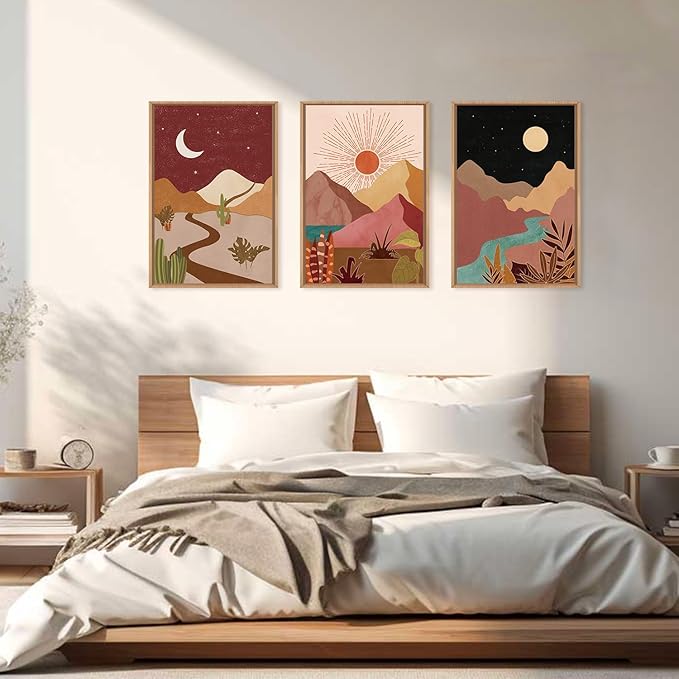 LHIUEM Large Boho Southwest Mountain Framed Canvas Wall Art,Abstract Desert Colorful Wall Decor,Nature Moon and Sun Wall Painting,Bohemian Artwork for Living Room,Bedroom,Dining Room,Office -16"x24"x3