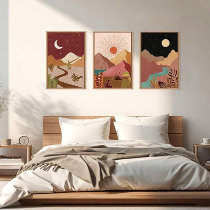 LHIUEM Large Boho Southwest Mountain Framed Canvas Wall Art,Abstract Desert Colorful Wall Decor,Nature Moon and Sun Wall Painting,Bohemian Artwork for Living Room,Bedroom,Dining Room,Office -24"x36"x3