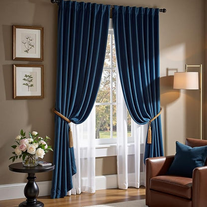 Lazzzy Velvet Blackout Curtains Thermal Insulated Room Window Drapes Super Soft Luxury Curtains for Living Room Bedroom Rod Pocket 2 Panels, Dark Blue, 52" W x 120" L