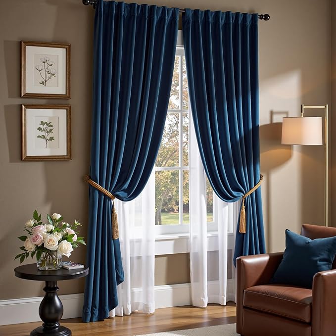 Lazzzy Velvet Blackout Curtains Thermal Insulated Room Window Drapes Super Soft Luxury Curtains for Living Room Bedroom Rod Pocket 2 Panels, Dark Blue, 52" W x 84" L